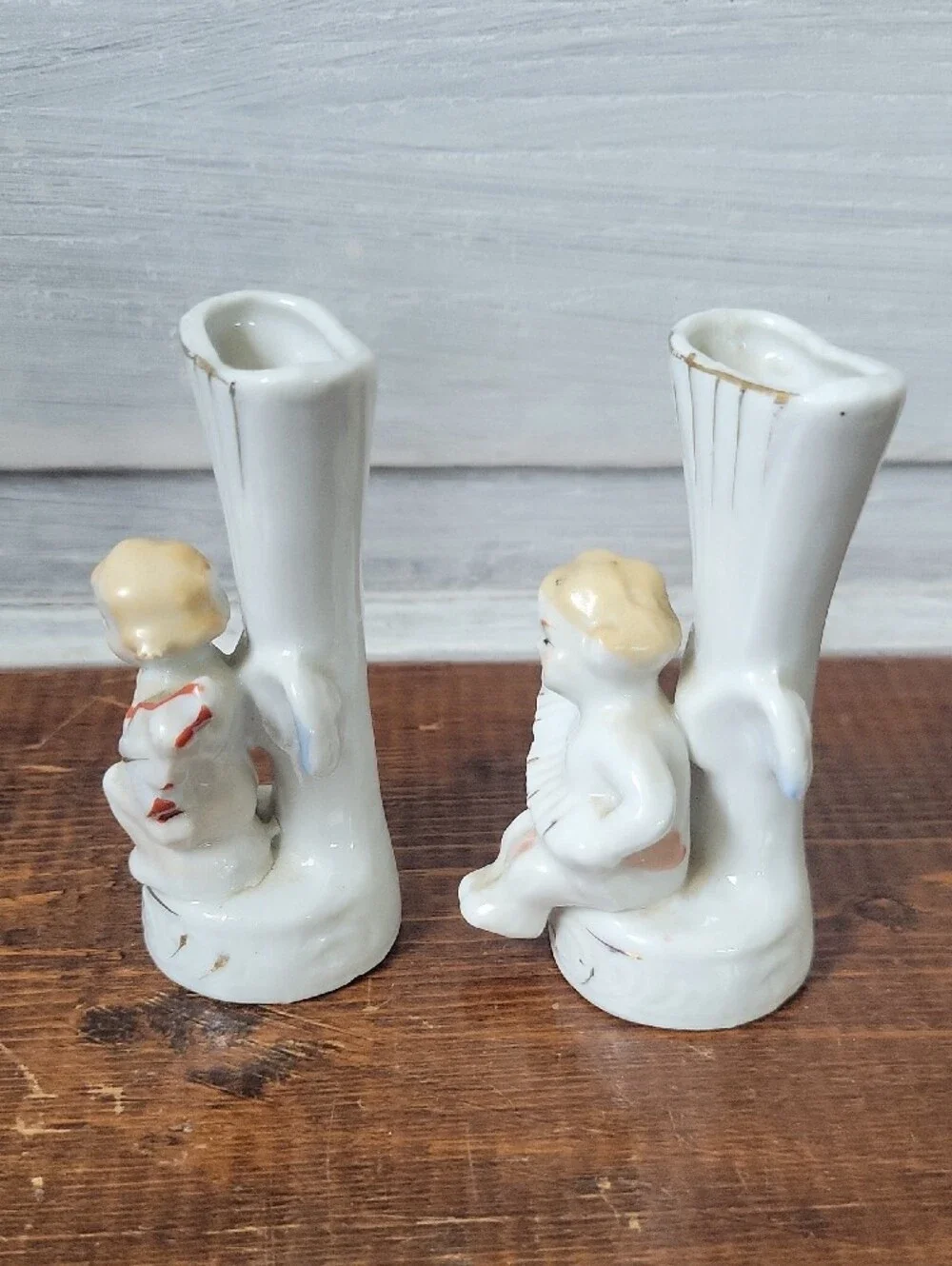 Vintage Mid Century Porcelain Cherub Angel Musician Bud Vases Japan